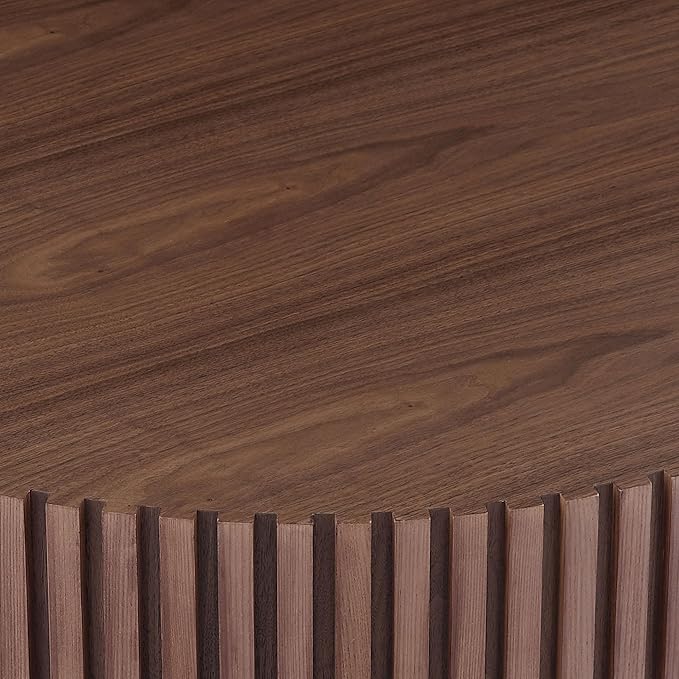 31.49" Walnut Round Coffee Table Wood, Modern Fluted Coffee Table for Living Room, Contemporary Low Circle Center Table Side Table for Small Space, Apartment, Farmhouse, Office, mesa de Cafe