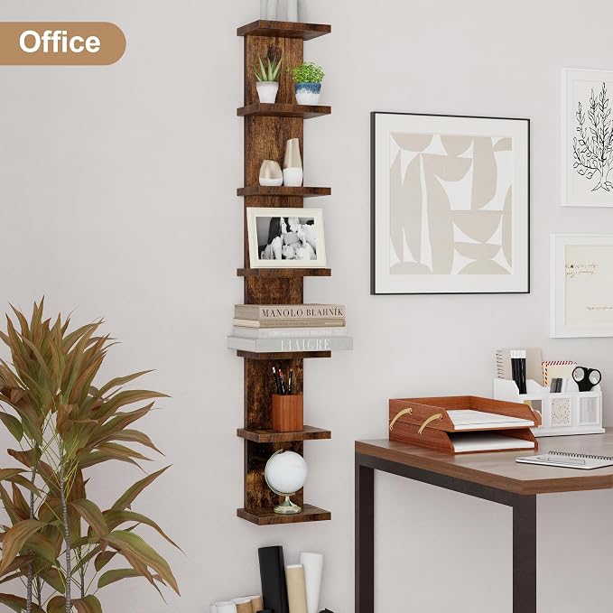 Fun Memories 7 Tier Wall Shelf Unit, Decorative Wall Mount Vertical Shelving, Floating Storage Home Decor Organizer Tall Tower Design Utility Shelving Bedroom Living Room