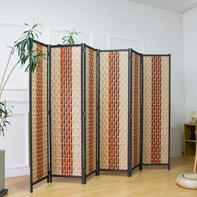 Furnnylane 6 Panel Rattan Room Divider, 5.9 ft Tall Double-Sided Blackout Folding Privacy Screen for Room Separation, with Beige and Orange Panels for Home & Office (70.9" H x 106.3" W)