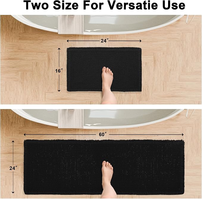 Hiasan Set of 2 Waffle Bath Mat, Super Absorbent Non Slip Bathroom Boho Rug with Tassels, Machine Washable Bath Mats for Bathroom, Ultra Soft Rubber Backed Rug, Black, 16" x 24" + 24" x 60"