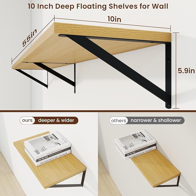 Axeman Deep Floating Shelves | 55 Inch Oak Wall Shelves Set of 2 | 10 Inch Deep Wood Floating Shelves for Wall | 55" W x 10" D Oak Shelves for Living Room Bathroom Kitchen