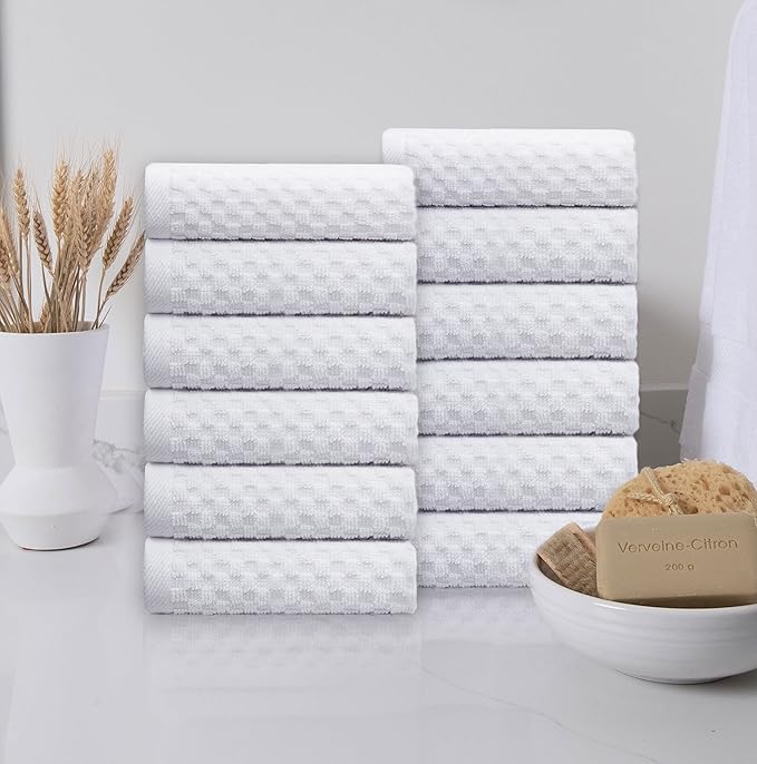 COTTON CRAFT Euro Spa Waffle Wash Cloth - Set of 12 Luxury Pure Ringspun Cotton Waffle Weave Bathroom Face Towel - Everyday Plush Absorbent Hotel Gym Shower Beach Kitchen Travel Dorm - 12x12 - White