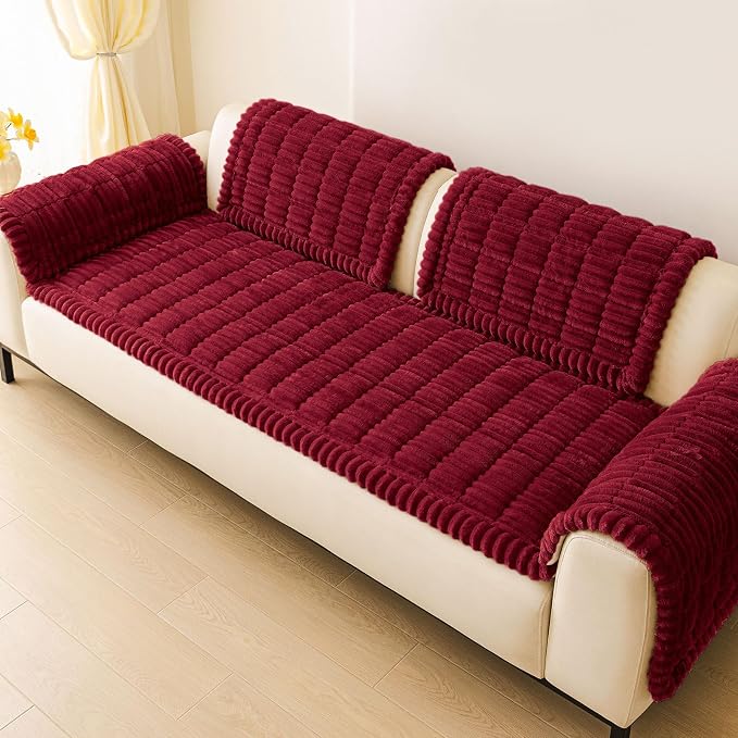 hyha Couch Cover for Dogs Washable, Non Slip Thick Flannel Sofa Protector, Pet Friendly Plush Furniture Cover for Sectional Sofa & Loveseat (Red, 27.6" x 95")