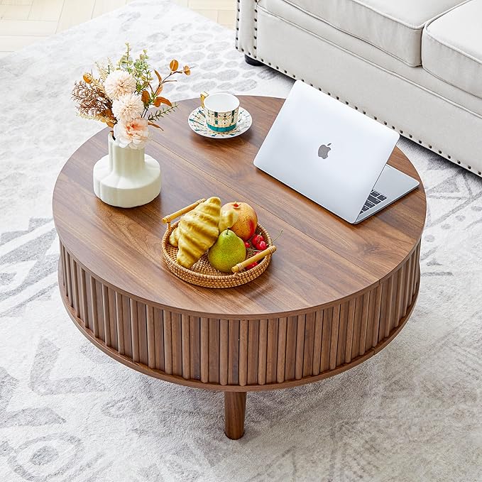 Janmer Home Round Lift Top Coffee Table with Storage, Fluted Mid Century Modern Coffee Tables, Small Space,31.5" Wooden Center Table for Living Room, Apartment, Office (Walnut)