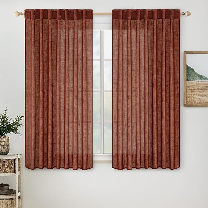 MIULEE Burnt Orange Linen Curtains 63 Inch Length 2 Panels for Bedroom Living Room, Soft Thick Linen Textured Kitchen Window Drapes Semi Sheer Light Filtering Back Tab Rod Pocket Terracotta Fall Decor