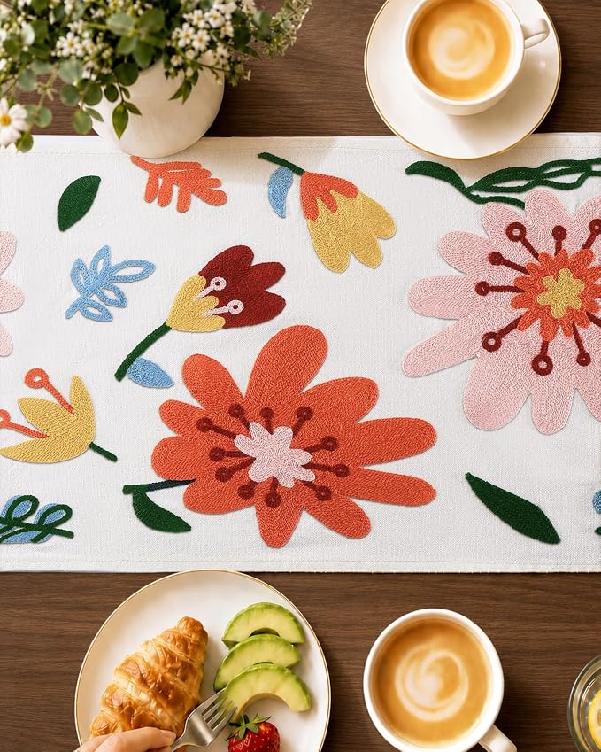 Canvas Embroidered Table Runner - 13"x 36" Short Coffee Table Runner for Living Room Tablerunner for Dining Room Washable Kitchen Island Counter Decor Housewarming Gift, Colorful Flower