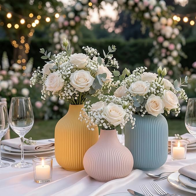 Colorful Small Ceramic Vases Set of 3, Matte 3D Vertical Ribbed, Minimalist for Pampas & Fresh Flowers, Centerpiece for Living Room,Shelf, Wedding (Light Blue, Mustard Yellow, Beige)