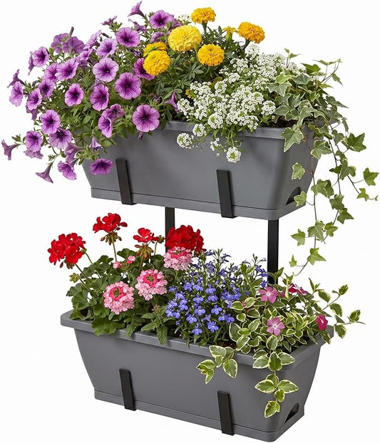 CADUKE 2 Tier Deck Railing Planter Boxes, Adjustable Hanging Railing Planter, Outdoor Railing Flower Boxes, Window Flower Boxes for Deck Railings, Gray