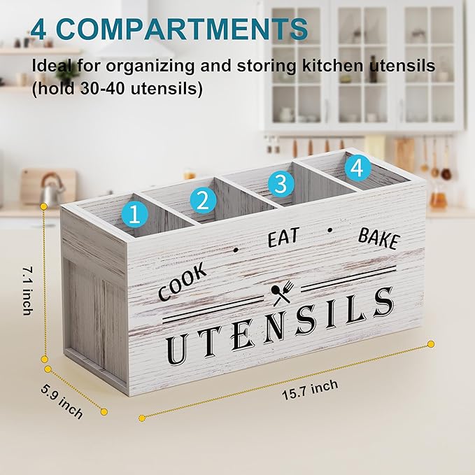 ZUJJAFY Utensil Holder for Kitchen Counter, Large Kitchen Utensil Holder for Countertop with 4 Compartments, Wooden Cooking Utensil Organizer for Spatula Storage, White