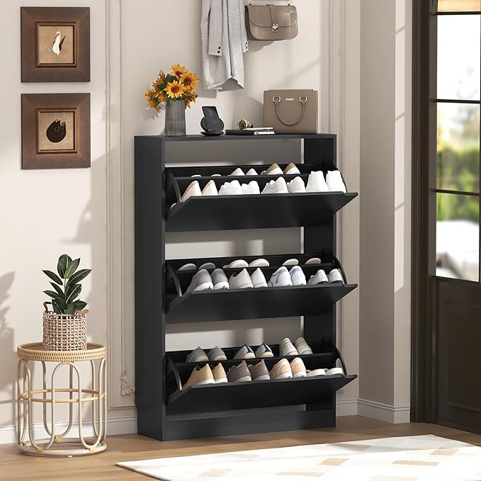 Wodeer Shoe Storage Cabinet with 3 Flip Drawers, Slim Hidden Wood Shoe Cabinet Storage for Entryway, Freestanding Narrow Shoe Rack Organizer with Adjustable Shelves for Foyer, Hallway, Black