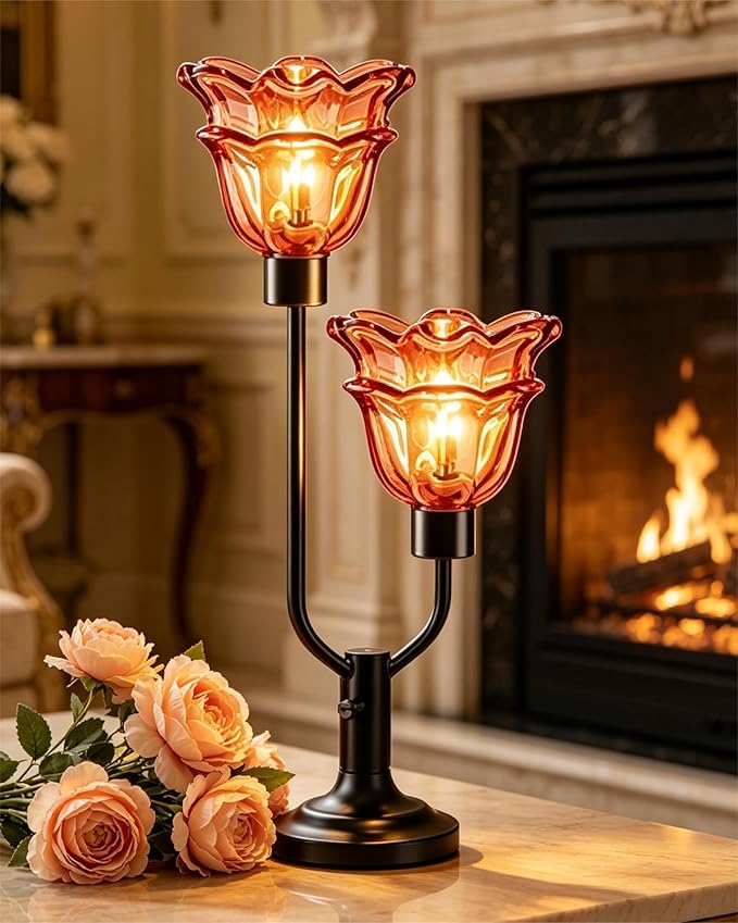 Lightdot Mid Century Modern Flower Table Lamp Dimmable Black Desk Lamps with Red Glass Shades 2Pcs Bulbs Included 3000K Warmwhite Bedside Nightstand Ambiance Lamp for Living Room Bedroom