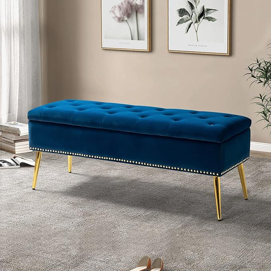 HULALA HOME Modern Velvet Storage Ottoman Bench with Gold Base & Nailhead Trim, Upholstered Bedroom Bench for End of Bed, Button-Tufted Footstool for Entryway Living Room Dining Room, Navy