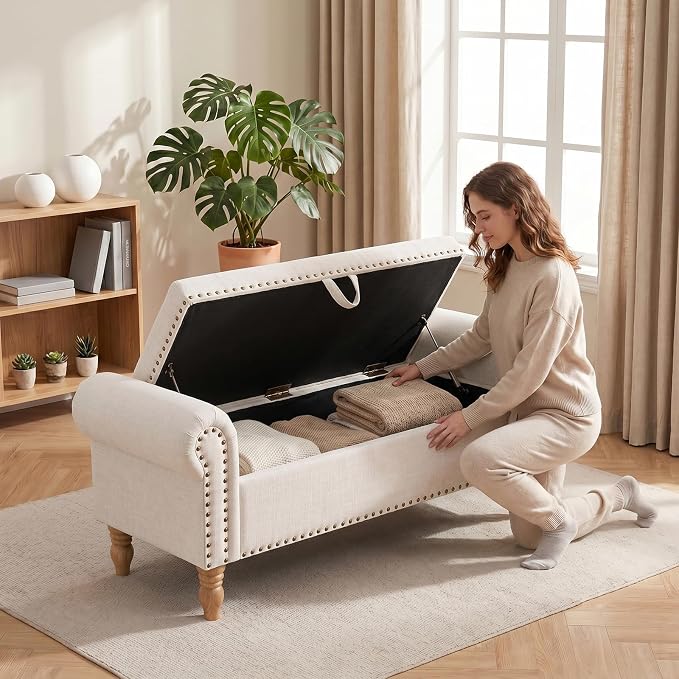 51.5" Storage Bench, End of Bed Bench with Rolled Arm and Nailhead Trim, Upholstered Bedroom Bench with Storage, Ottoman Bench for End of Bedroom, Living Room, Entryway (Beige Linen)