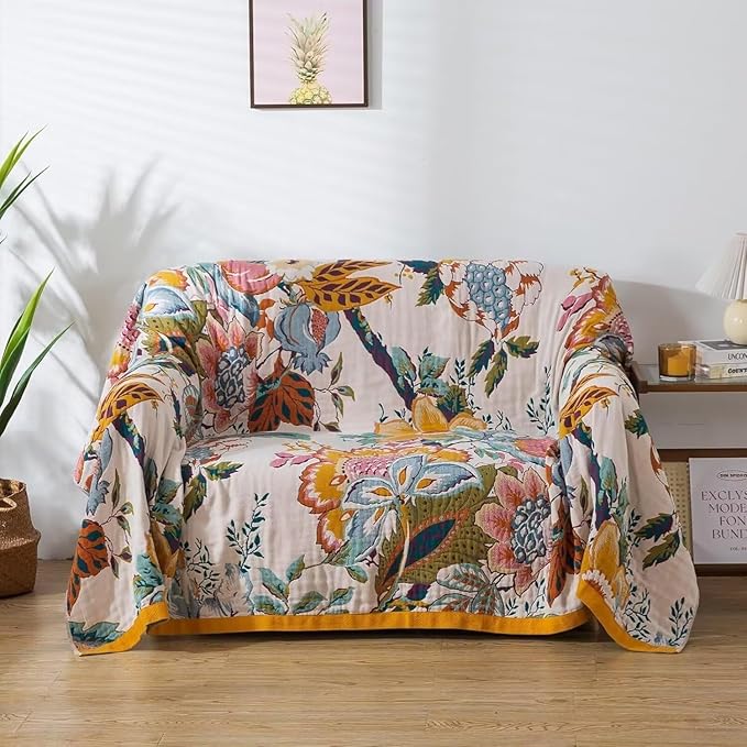 Boho Throw Blanket for Bed 100% Cotton Bohemian Blankets Ultra Soft Woven Muslin Decorative Blankets All Seasons Vintage Quilt Knitted Blanket for Sofa Chair(Beige, 80"x90")