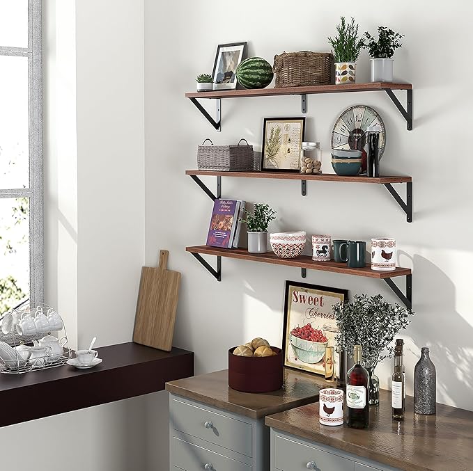 Heimlove Floating Shelves for Wall, 36 Inch Long Wood Floating Bookshelf Set of 3, Wall Mounted Hanging Shelf for Bathroom Bedroom Kitchen, Walnut