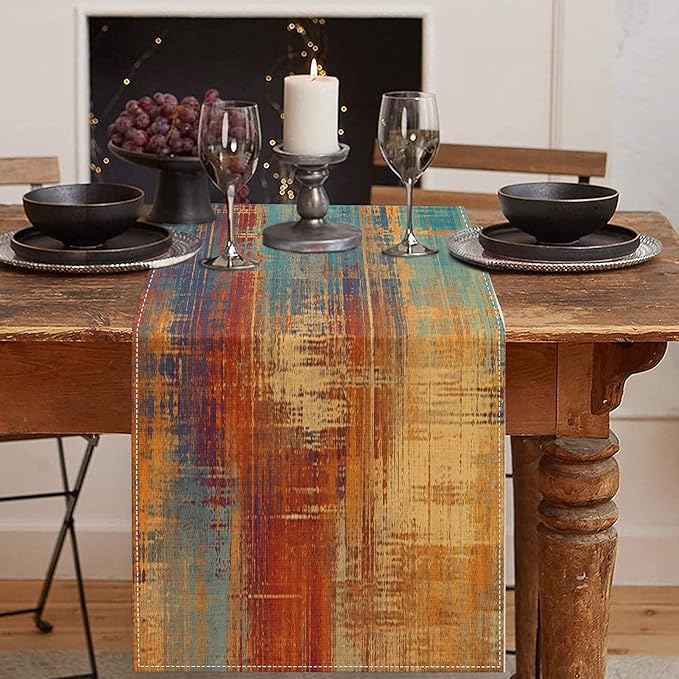Emvency Blue and Orange Table Runner, Vintage Abstract Messy Rust Painting Dining Decor for Kitchen Coffee Table Family Dinners Holiday Parties Wedding Events Decor(13x60 inch)