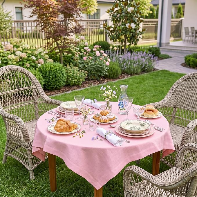 Solino Home Linen Square Tablecloth 52 x 52 Inch - 100% Pure Linen Pink Lemonade Table Throw - Fete, Machine Washable Table Cloth for Summer