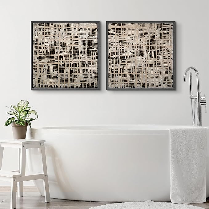 SIGNFORD Framed Canvas Print Wall Art Set Abstract Grid Pattern Artwork, Neutral Geometric Illustrations Modern Art Minimal Relax/Calm for Living Room, Bedroom, Office - 16"x16"x2 BLACK
