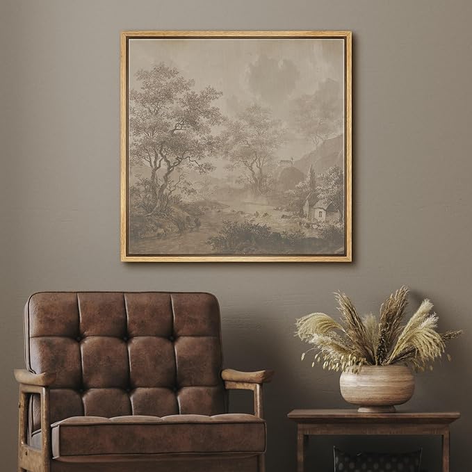 SIGNFORD Framed Canvas Print Wall Art Vintage Sepia Countryside Landscape Modern Art Relax/Calm Warm for Living Room, Bedroom, Office - 16"x16" NATURAL