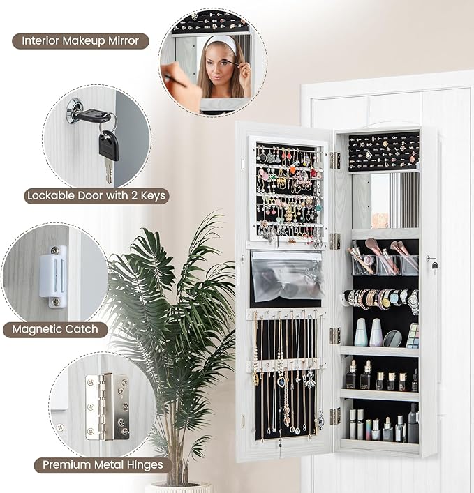LOKO Jewelry Cabinet with Full Length Mirror, Door Wall Mounted Jewelry Armoire with 3-color LED Lights, Inside Makeup Mirror, Lockable Jewelry Organizer for Women Girls Bedroom (White)
