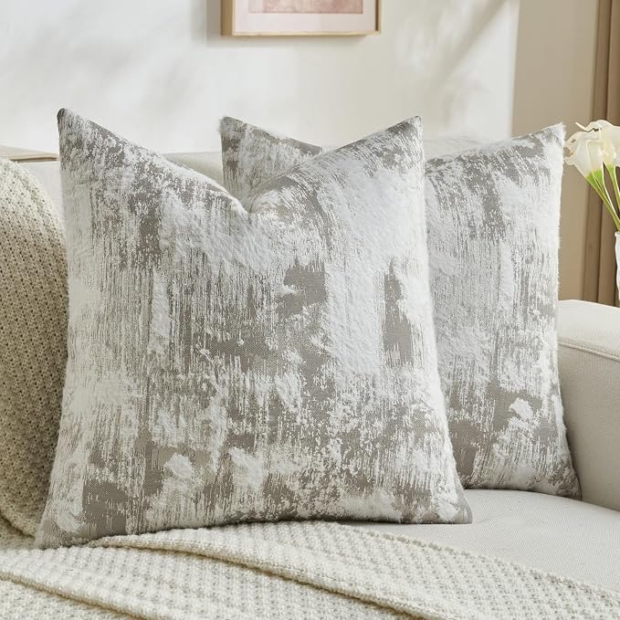 FUTEI Pack of 2 Faux Cashmere Jacquard Throw Pillow Covers 22x22 Inch Soft Marble Pattern Vintage Decorative Cushion Case Modern Farmhouse Accent for Couch Bed Living Room, Grey White