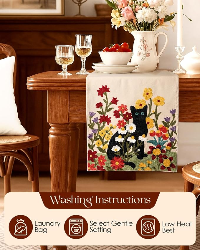 Canvas Embroidered Table Runner - 13"x 72" Coffee Table Runner for Living Room Tablerunner for Dining Room Washable Farmhouse Kitchen Island Counter Decor Housewarming Gift, Cat in Flower