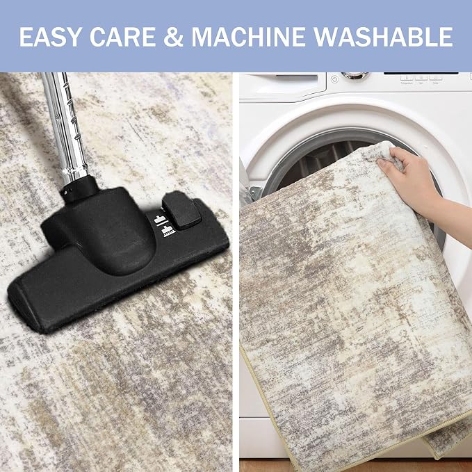 IOHOUZE Abstract Area Rug 3x4 Ft Washable Rugs for Entryway Indoor, Non Slip Kitchen Rug Printed Faux Wool Throw Rugs, Indoor Door Mat for Door Entrance Foyer Living Room, Beige Brown