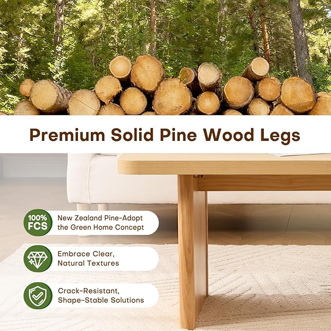 BECHAEO Modern Coffee Table, Solid Pine Wood, 47" Rectangle Center Table for Living Room, Real Wood Legs & Sturdy Base, Minimalist Rustic Coffee Table