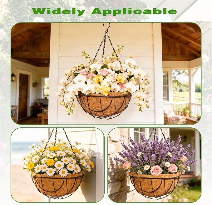 2 Pack 12 Inch Black Metal Hanging Basket Hanging Planter with Coco Coir Liner Heavy Duty Hanging Flower Pot Holder for Indoor Outdoor Patio Garden Porch Balcony Decor (Earth)