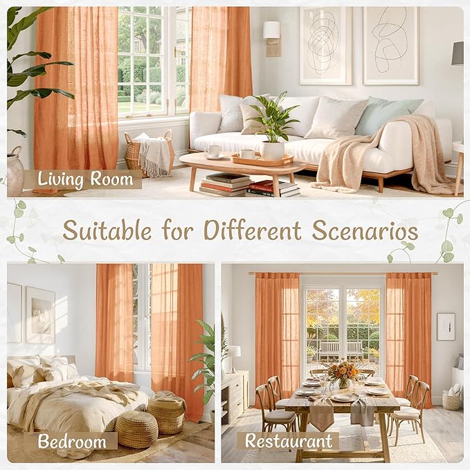 LAMIT Sheer Linen Curtains for Living Room 90 inch Length 2 Panels, Light Filtering Panels Back Tab and Rod Pocket Farmhouse Drapes for Bedroom/Sliding Glass Door, Burnt Orange, 52 x 90 Inch