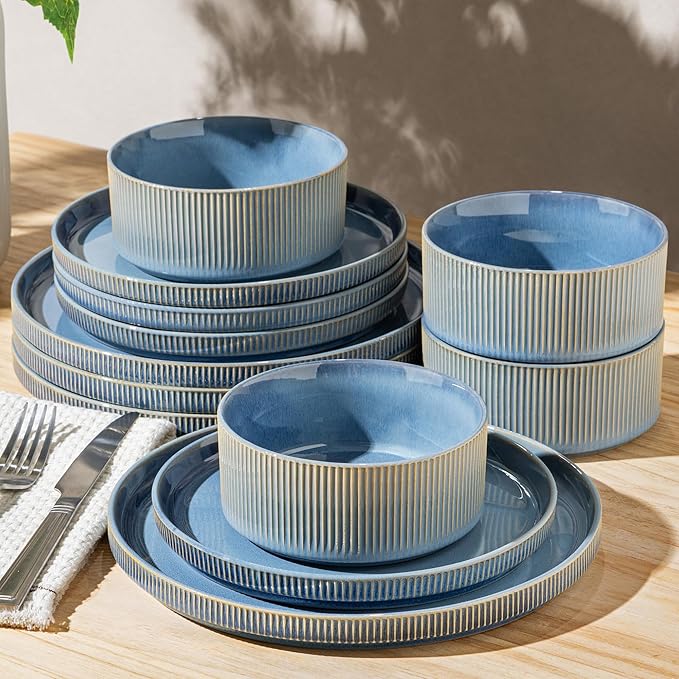 GBHOME 12-Piece Stoneware Dinnerware Set for 4 – Ribbed Ceramic Plates and Bowls, Scratch-Resistant, Microwave & Dishwasher Safe, Reactive Glaze, Alaskan Blue