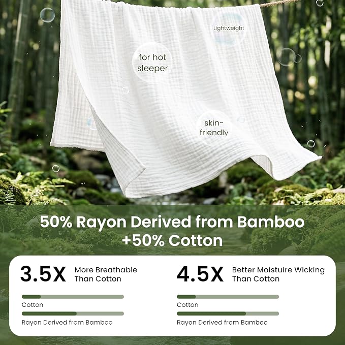 Love's cabin Cooling Muslin Blanket Twin Size, 50% Rayon Derived from Bamboo, 50% Cotton, 4-Layer Lightweight Breathable Summer Gauze Blanket for Bed, Soft for Hot Sleepers and Kids, 60"x80", White
