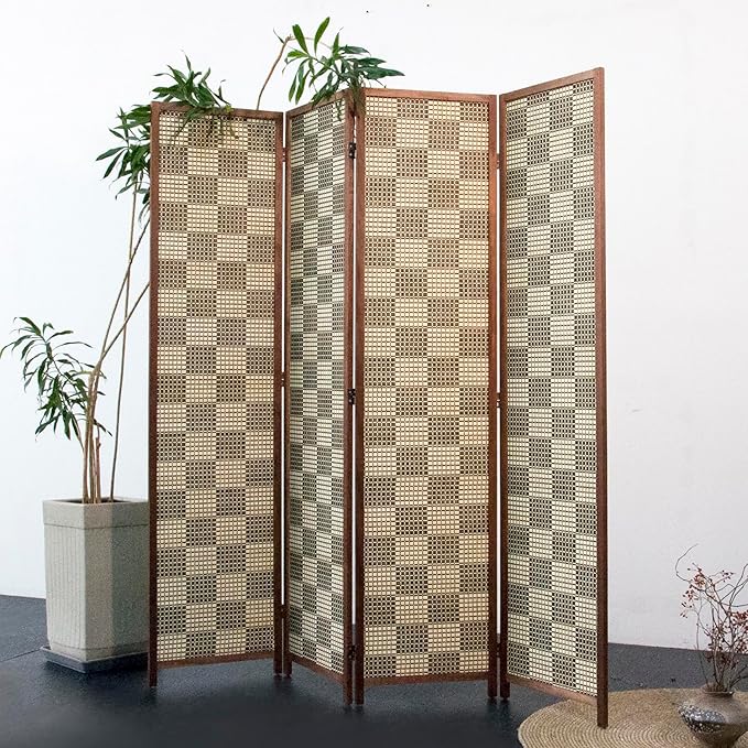 Furnnylane 4 Panel Bamboo Room Divider – 5.6 ft Tall Double-Sided Folding Privacy Screen, Freestanding Wall Partition for Home Office & Bedroom, Gray Brown Woven Texture, Easy Setup (67" H x 63" W)