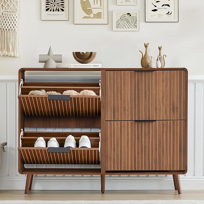 FurSch 47" Fluted Large Shoe Cabinet with 4 Flip Drawers, Slim Freestanding Shoe Cabinet Organizer, Narrow Shoes Storage Rack for Entryway, 5 Sturdy Legs (All Walnut, 9.45" D x 47.24" W x 35.83" H)