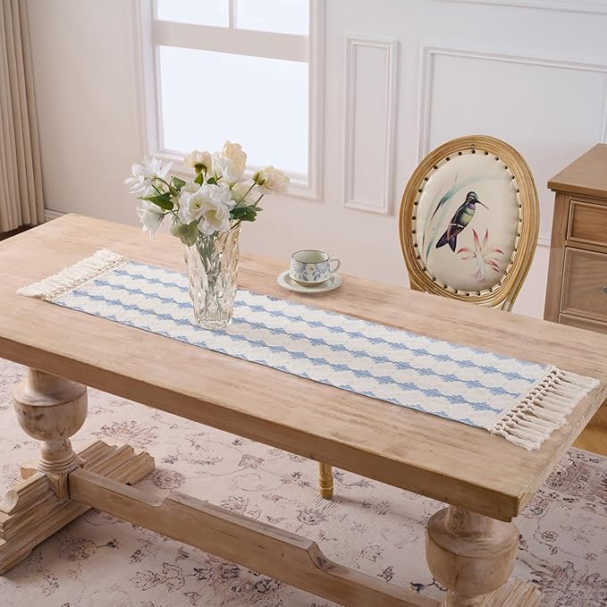 Fancy Homi Light Blue Boho Cotton Polyester Table Runner 48 Inches Long, Farmhouse Macrame Table Runners with Tassels for Home Party Bohemian Rustic Bridal Shower Kitchen Dining Decor 12x48 Inches