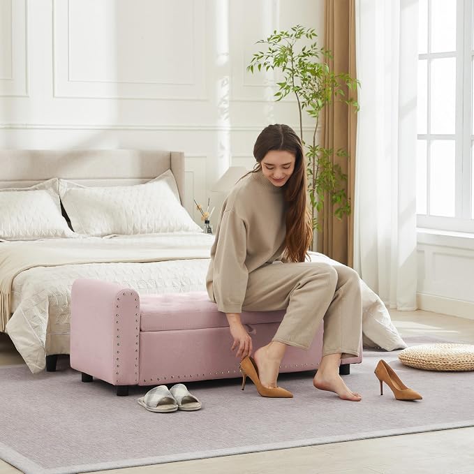 Ottoman with Storage, Tufted Storage Bench for Bedroom, 48" Fabrics End of Bed Bench, Upholstered Entryway Shoe Benches with Rolled Arm & Inner Zipper, Window Ottomans Chest with Rivets, Pink