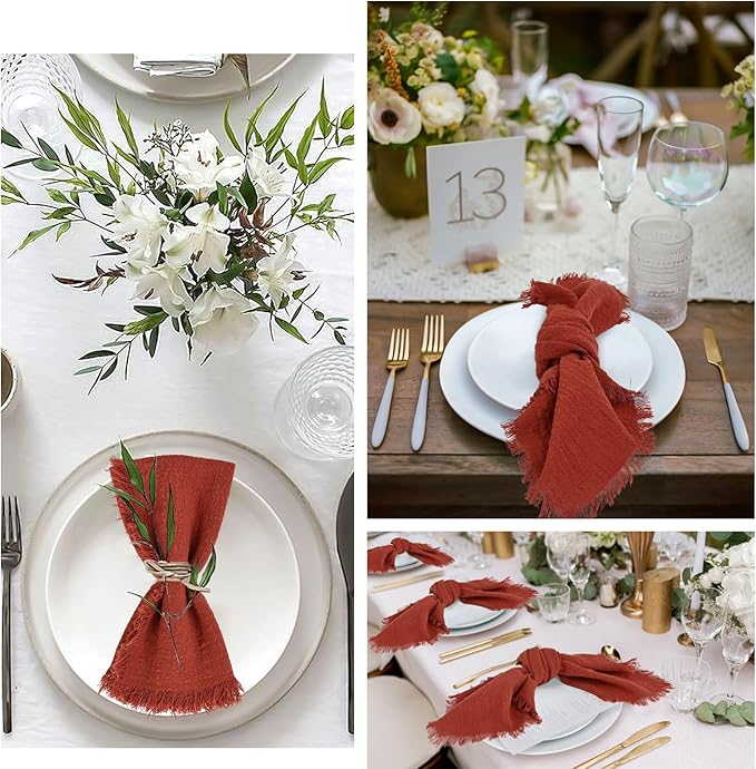 30 Packs Cotton Linen Napkins,Handmade Cloth Napkins Bulk with Fringe, Rustic Boho Napkins Cloth,Cloth Napkins for Romantic Wedding Party Event Dinner Birthday Table Decor(Terracotta,16 x 16 Inch)
