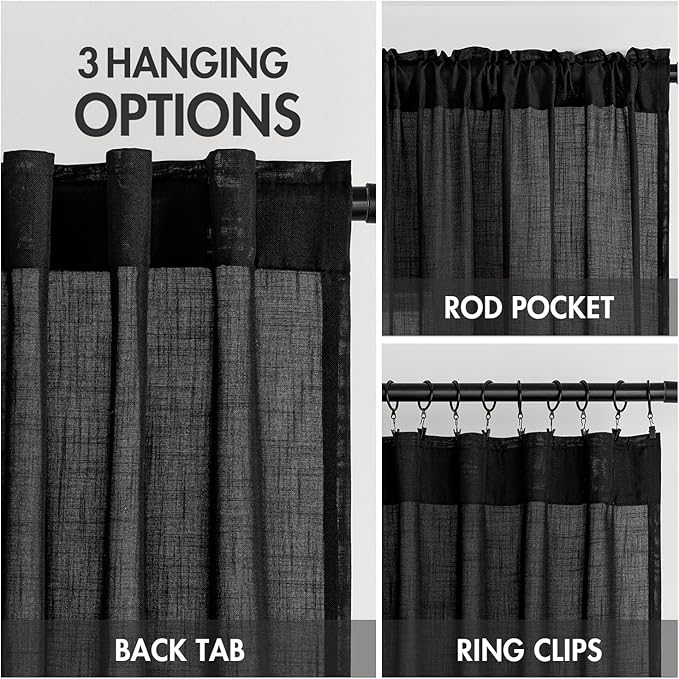 MIULEE Black Linen Curtains 90 Inch Length 2 Panels for Bedroom Living Room, Soft Thick Linen Textured Back Tab Window Drapes Semi Sheer Light Filtering Rod Pocket Modern Farmhouse Halloween Decor