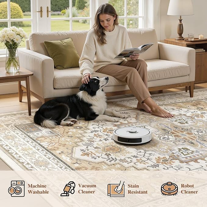 UERMEI 10x12 Area Rug for Living Room - Washable Vintage Carpet, Non-Slip Soft Large Indoor Floor Rugs for Bedroom Home Office & Under Dining Table Decor, Brown Beige