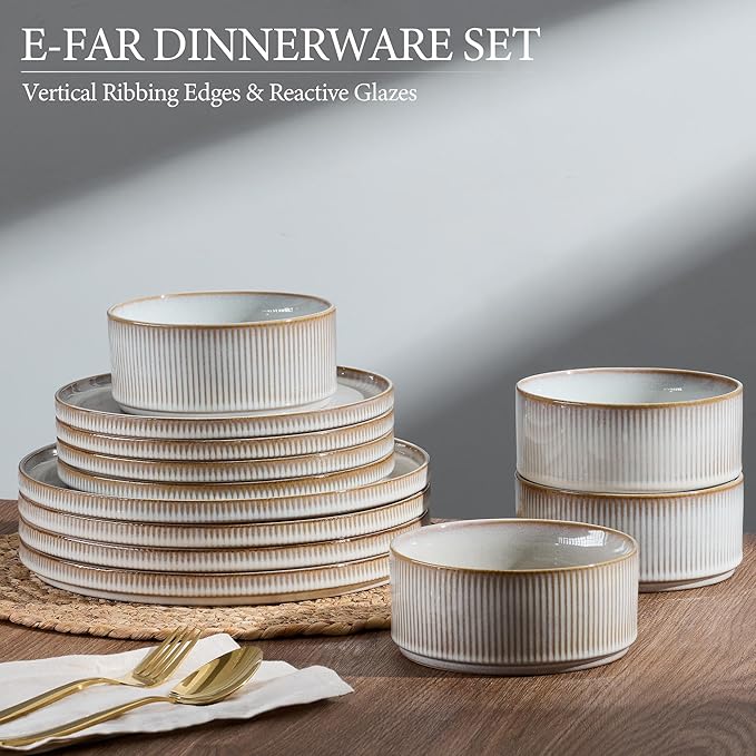 E-far 12-Piece Plates and Bowls Sets, Stoneware Dinnerware Dishes Sets for 4, Kitchen Modern Dining Dishware, Chip & Scratch Resistant, Microwave & Dishwasher Safe, Creamy Beige