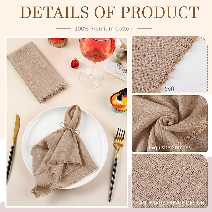 Preboun 24 Pcs Fringe Napkins Bulk Cloth Cotton Soft 17 x 17 Inch Rustic Reusable Washable Festive Square Table Napkins with Fringe for Parties Wedding Restaurant Table Accessory (Brown)