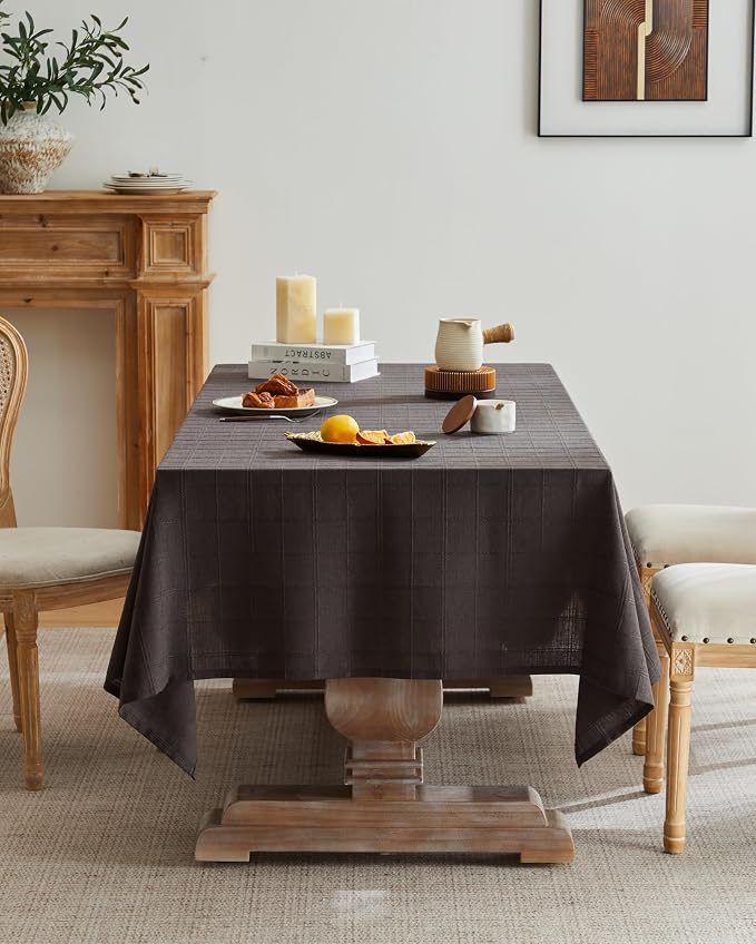 ZeeMart Linen Checked Table Cloth 52x52 Inches, Farmhouse Style Plaid Embroidered Water Resistant Square Table Cover, Charcoal