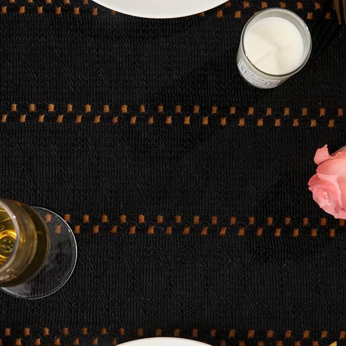 Boho Table Runner with Tassels 72 Inches Long Black Soft Cotton Rustic Modern Bohemian Dining Coffee Table Runner for Restaurant TV Stand Fall Halloween Party Decoration