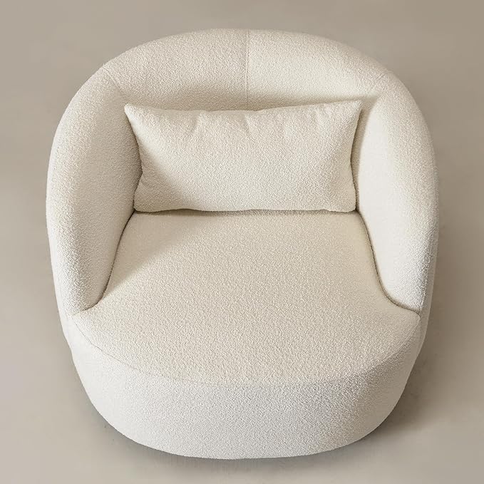 KINWELL 34" Wide Boucle Swivel Barrel Chair with 23" Ottoman Set, Fully Assembled Set of Sherpa Accent Chair and Footrest, Modern Comfy Armchair and Footstool for Living Room and Bedroom, Beige