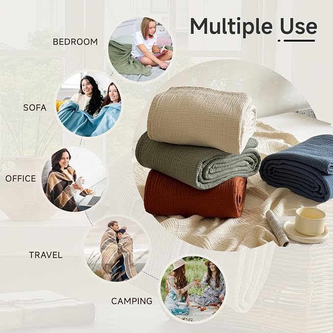 Simple&Opulence 100% Cotton Muslin Blanket Queen Size, Lightweight Breathable 4 Layering Gauze Blanket for Bed Couch Camping, Soft Bedspread Coverlet All-Season Use (Sage Green, 88" x 92")