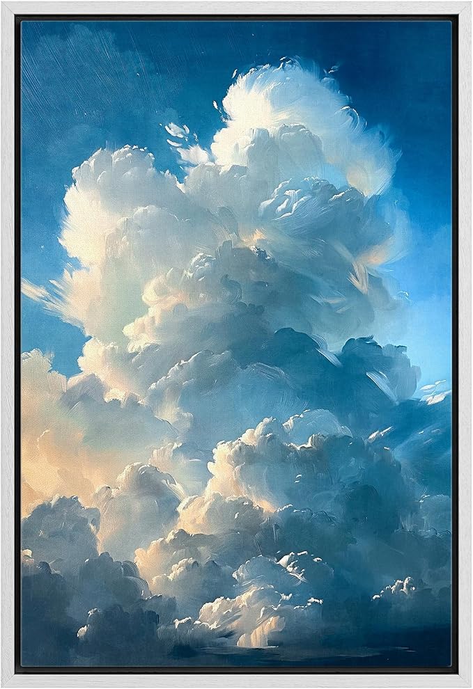 MUDECOR Framed Canvas Print Wall Art Vivid Blue Skyscape Dreamy Cloud Illustrations Digital Art Decorative Bohemian Contemporary for Bedroom - 16"x24" White