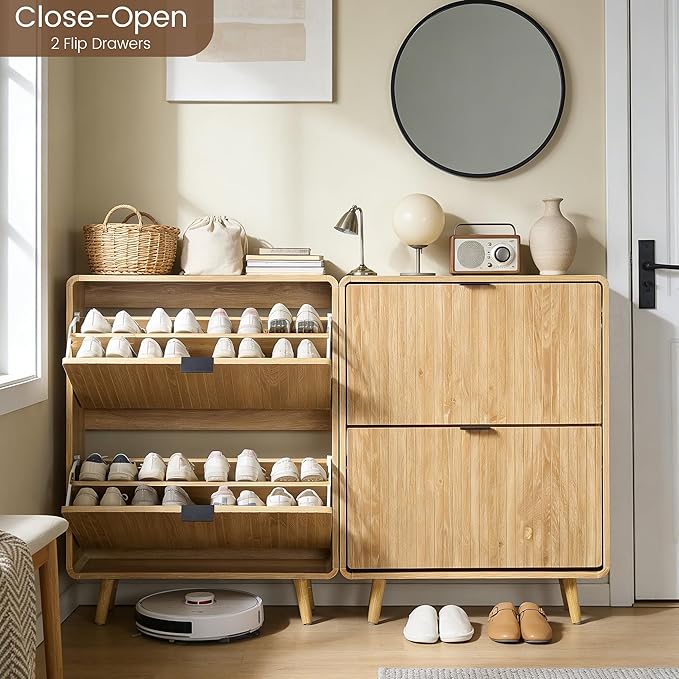 FurSch Fluted Shoe Storage Cabinet with 2 Flip Drawers, Narrow Shoe Rack Cabinet Organizer with Adjustable & Removable Shelves for Entryway (All Natural, 2 Drawers)