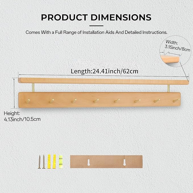 Wall Mounted Coat Rack with Shelf, Wooden Entryway Organizer with 8 Hooks, Wall Shelf with Hooks for Hallway, Bedroom, Bathroom (Beech, 24.41inch/62cm)
