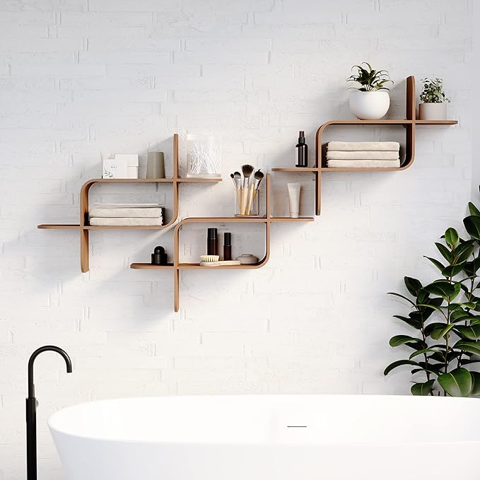 Umbra Montage Floating Wall Shelf Display Case, Made of Natural Bent Wood, Light Walnut