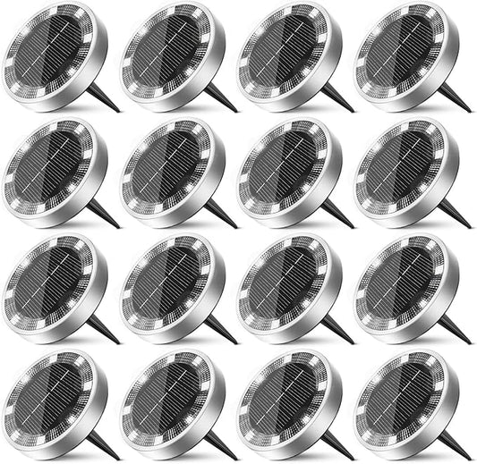 16 Pack Solar Ground Lights Outdoor, 8 LED Mini Flat Solar Disk Lights, IP65 Waterproof Anti-Rust Disc Light, Landscape Lighting for Garden Pathway Yard Walkway Driveway Lawn,Cool White